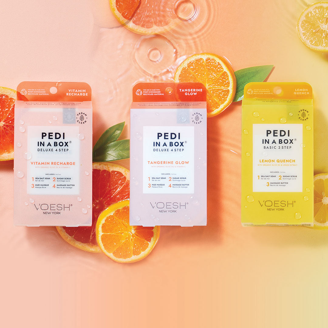 rainbow gradient image of pedi in a box tangerine glow, vitamin recharge, and lemon quench